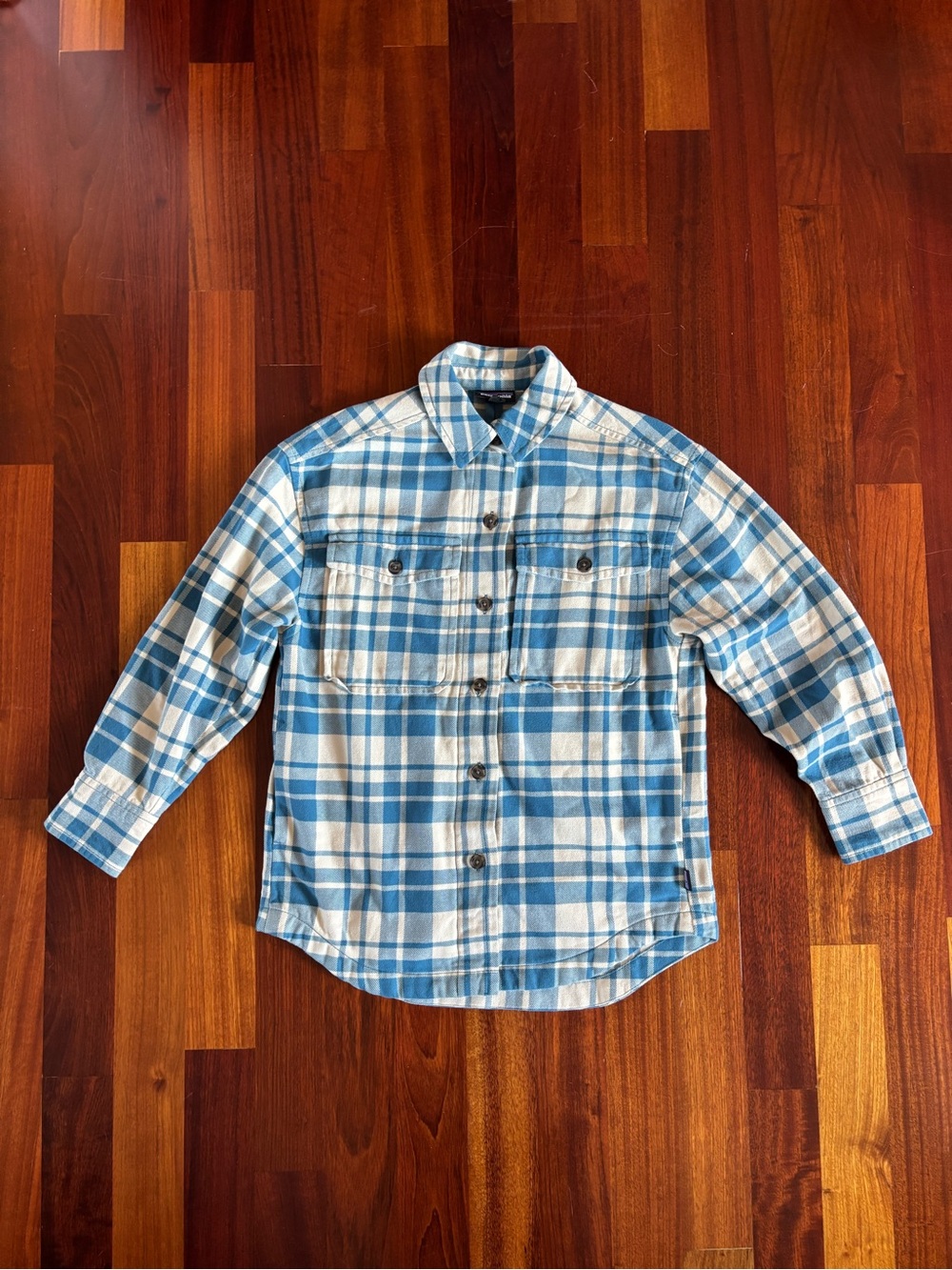 Patagonia Light Blue and White Plaid Flannel Shirt/Shacket